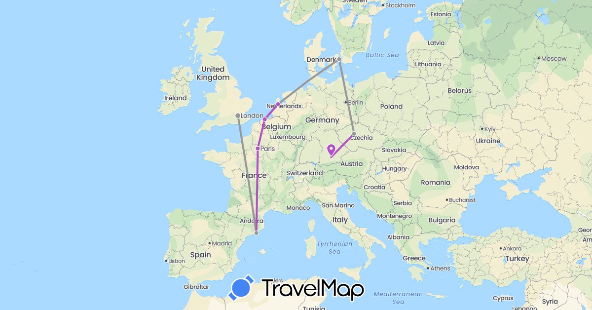 TravelMap itinerary: driving, plane, train in Belgium, Czech Republic, Germany, Denmark, Spain, France, United Kingdom, Netherlands (Europe)